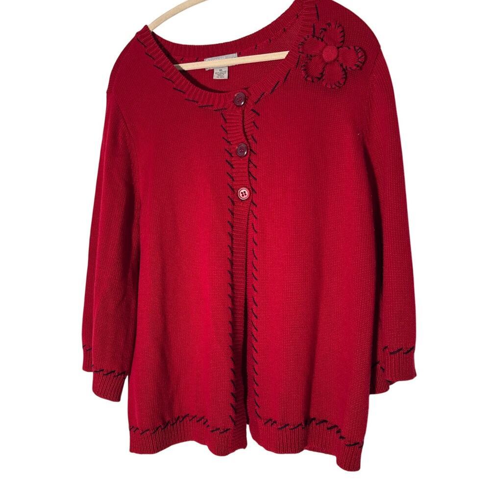 Designer Originals Size XL Woman's Cardigan Red‎ Sweater With Black Trim